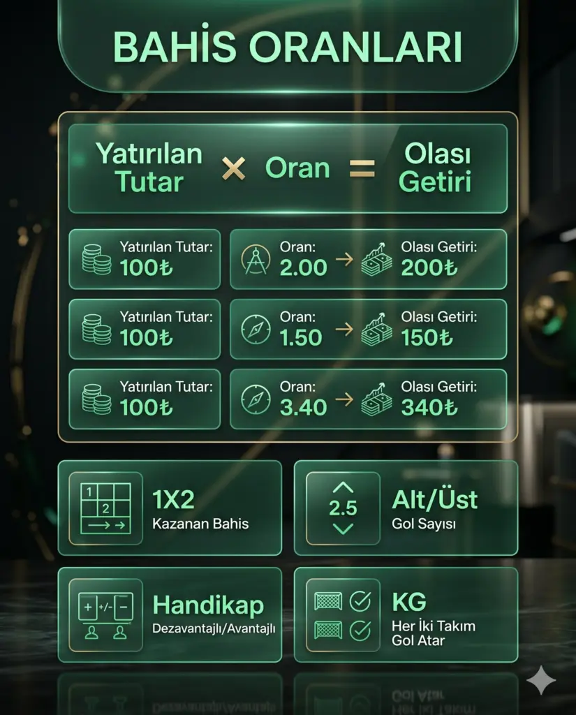 Bahis oranları hesaplama formülü ve oran türlerini gösteren infografik