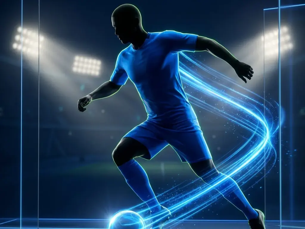 Stadyumda top süren mavi formalı futbolcu figürü ve hareket çizgileri